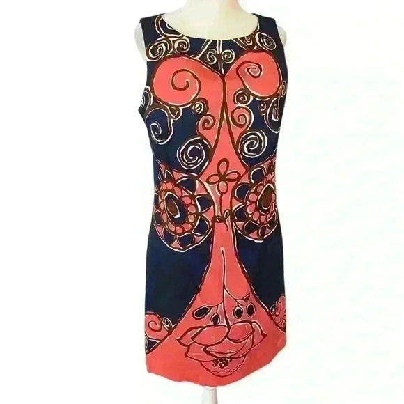 Trina Turk Sleeveless Shift Midi Dress Size 8 Navy Pink Abstract Career Shower - Picture 1 of 13